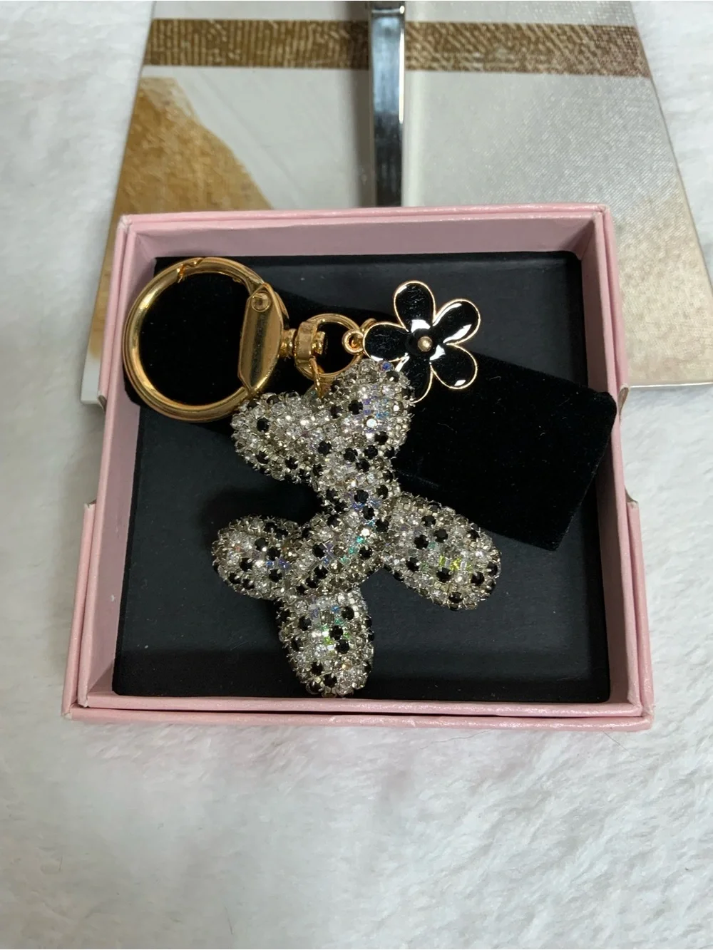 Sparkling Balloon Dog Crystal Keychain with Gold Flower Accent - Pink Box